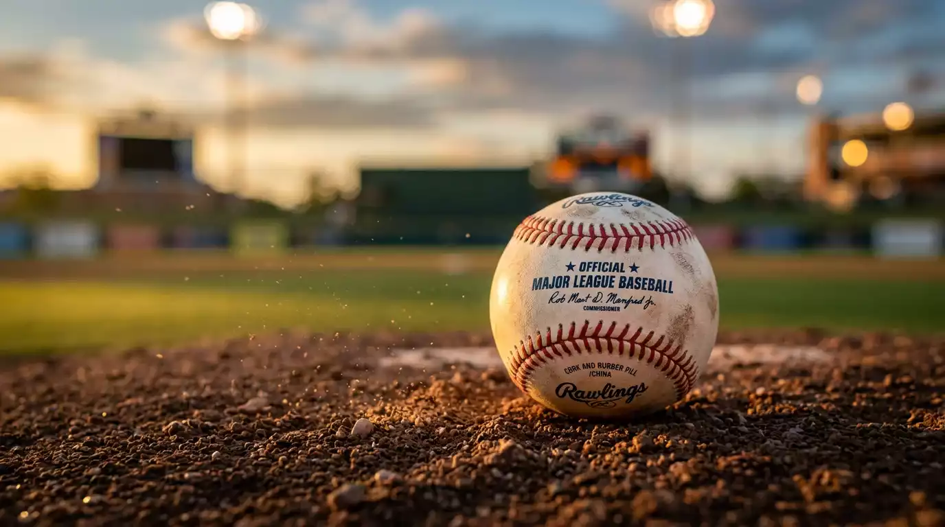 Major League Baseball resting on the dirt of a pitcher's mound, stadium lights in the background