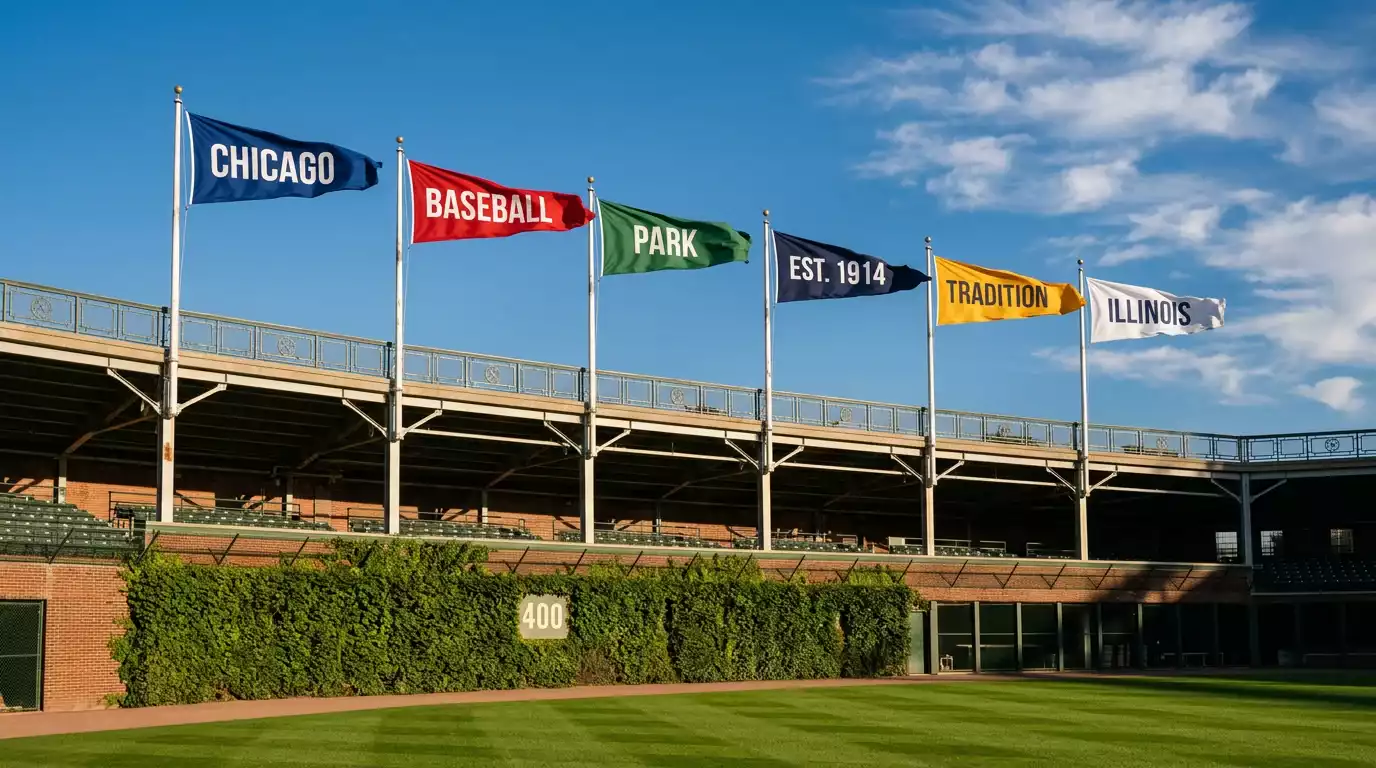Stadium flags flapping in the wind above an open-air ballpark on a summer afternoon